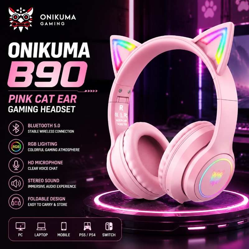 Onikuma B90 Pink Cat Ear Gamin - đánh giá và giá Gaming Headset With Mic Rgb